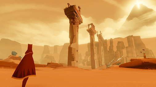 image from the game Journey with the mountain in the distance